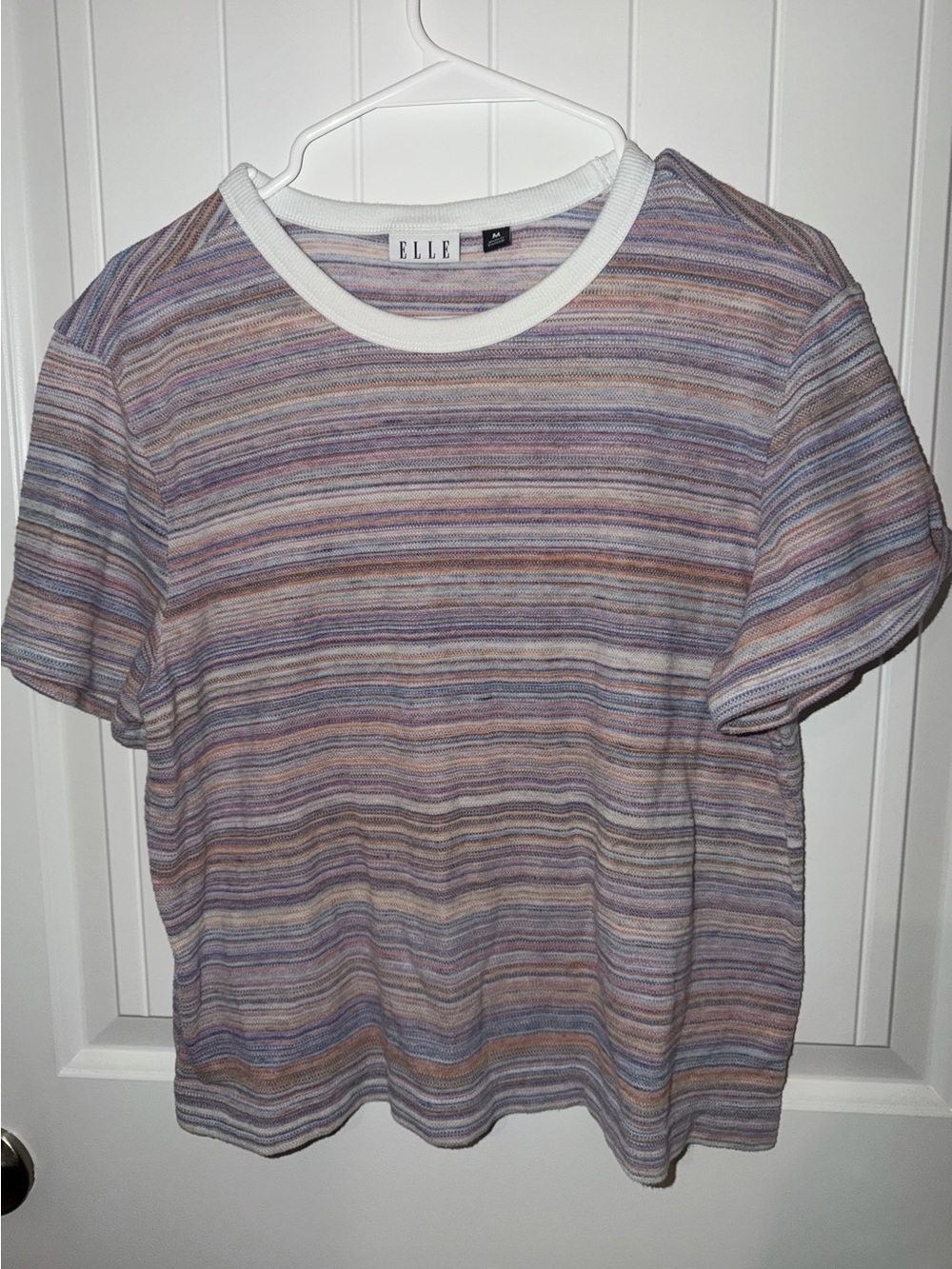 Elle Striped Short-Sleeve Crewneck Top in Lavender, Taupe and White - Picture 2 of 3